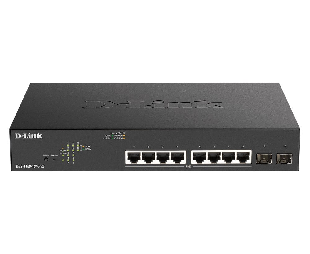 D-Link DGS-1100-10MPV2 commutateur réseau Géré Gigabit Ethernet (10/100/1000) Connexion Ethernet, supportant l'alimentation via ce port (PoE) 1U Noir