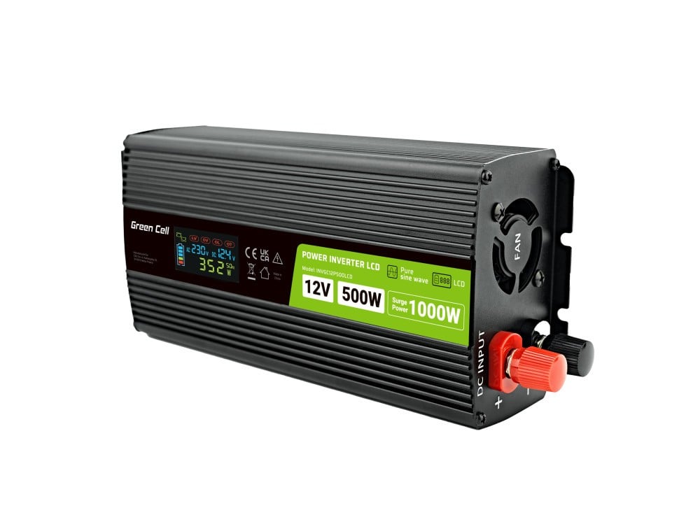 Green Cell Przetwornica napicia PowerInverter LCD 12 V 500W/1000W Przetwornica samochodowa z wywietlaczem - czysty sinus adaptateur de puissance & onduleur Auto