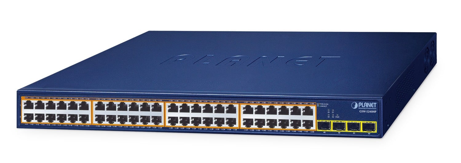 PLANET 48-Port 10/100/1000T 802.3at GSW-5240HP Non-géré Gigabit Ethernet (10/100/1000) Connexion Ethernet, supportant l'alimentation via ce port (PoE) 1U Bleu