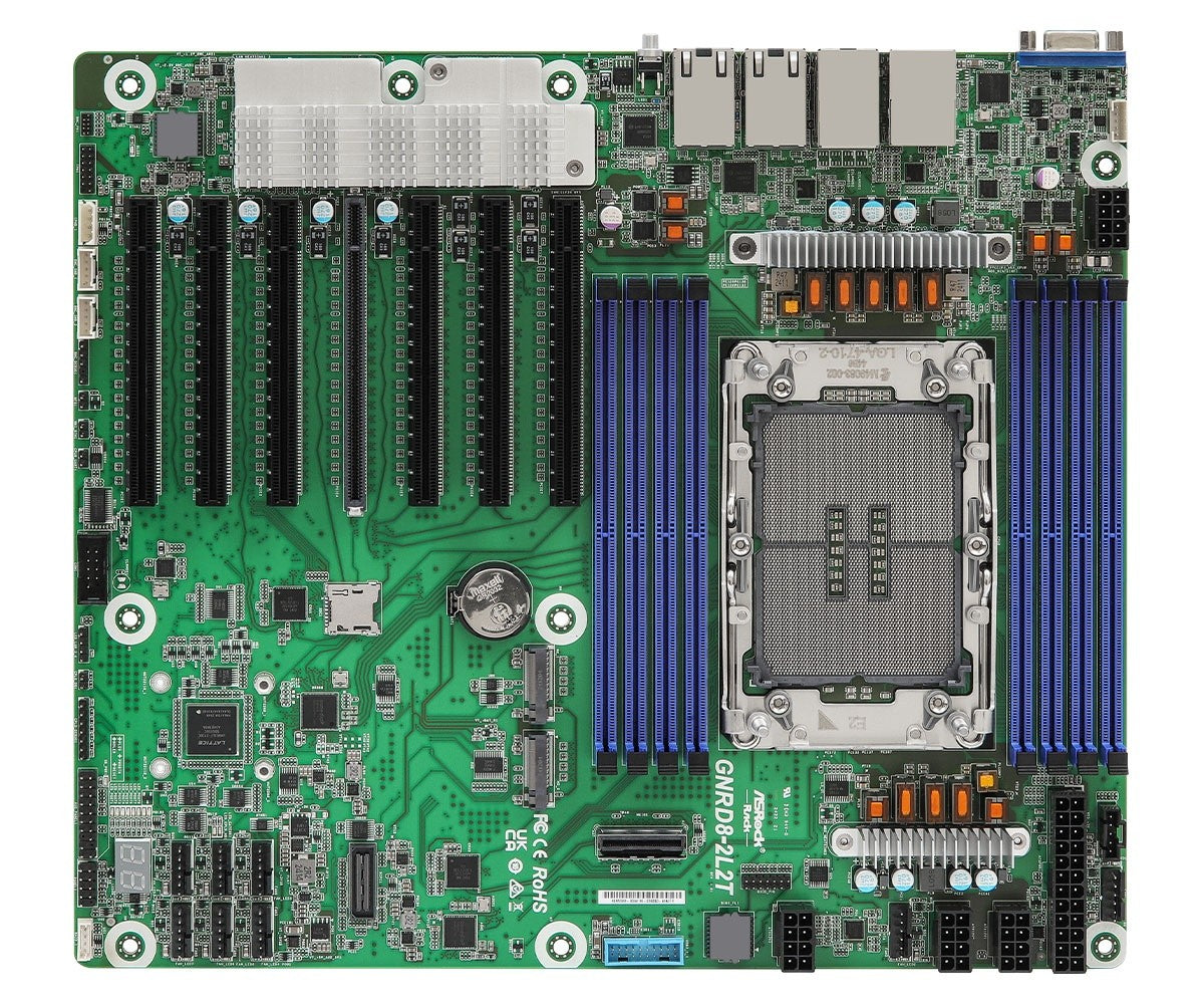ASRock GNRD8-2L2T, 1xSKT LGA 4710, Intel Xeon 6, SoC, NVMe, 2xM.2, 2x10GbE, 2xGbE, IPMI