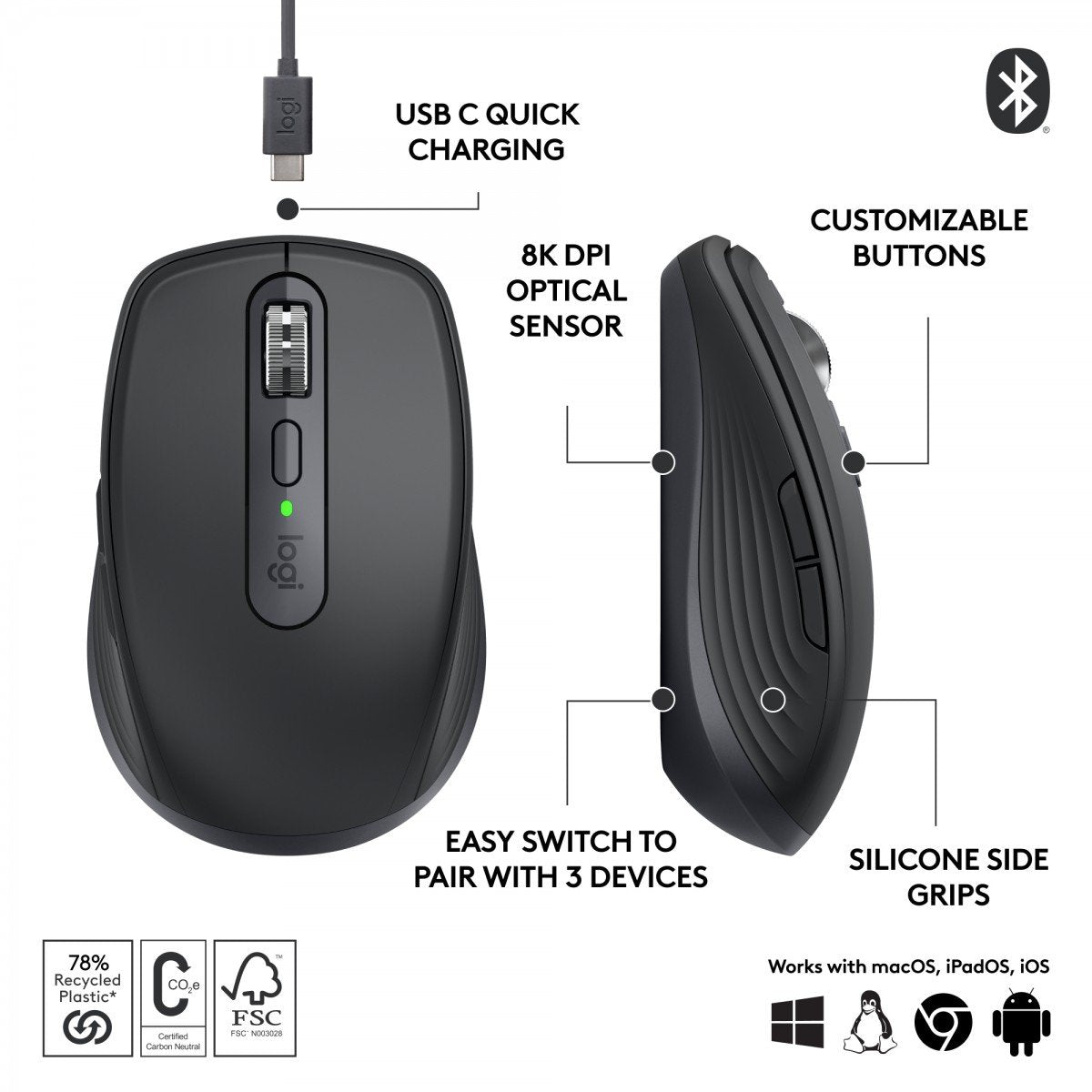 LOGITECH MX Anywhere 3S Mouse optical 6 buttons wireless Bluetooth graphite
