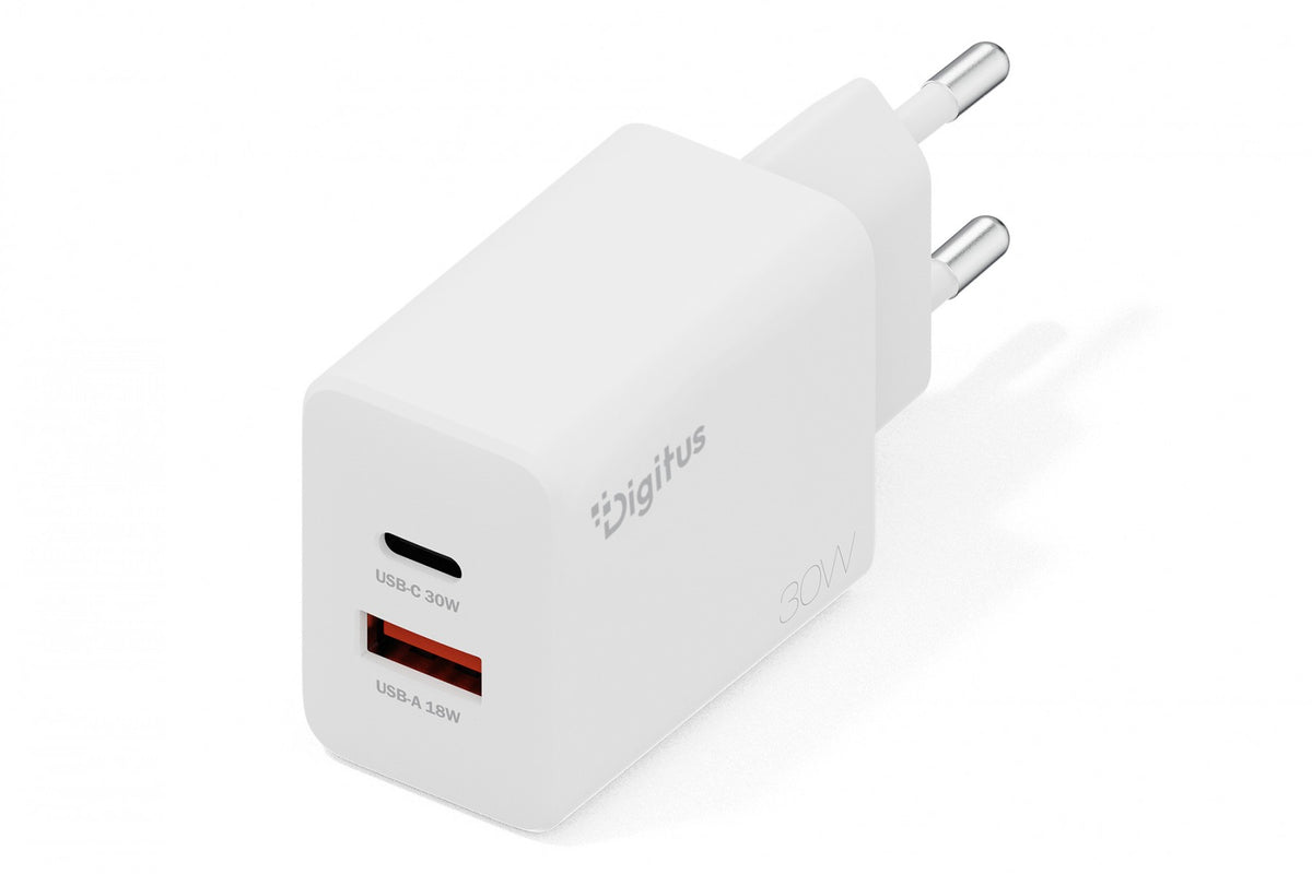 Chargeur mural Digitus DA-10301 GaN II 30W | 1x USB-C, 1x USB-A | PD 3.0, QC 3.0 | Blanc