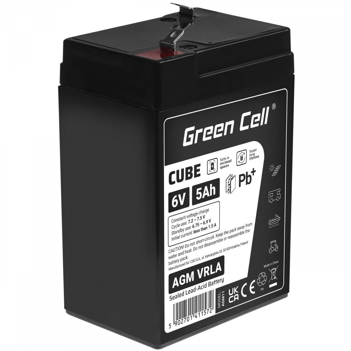 Batterie sans entretien Green Cell Cube AGM VRLA IP54 6V 5Ah pour systemes d'alarme, caisses enregistreuses, jouets