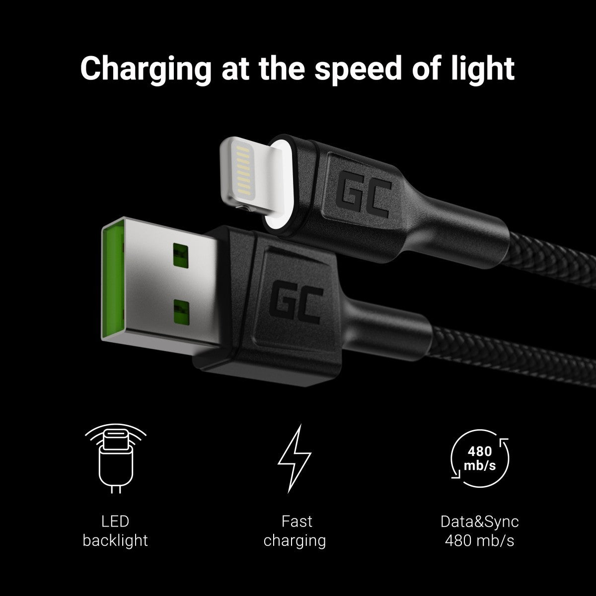 Green Cell KABGC05 câble Lightning 1,2 m Noir
