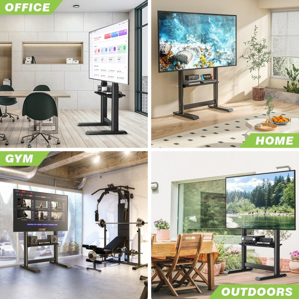 "Techly ICA-TR130BK Support de sol pour TV 60-86"" jusqu'a 68kg réglable avec étagere AV"