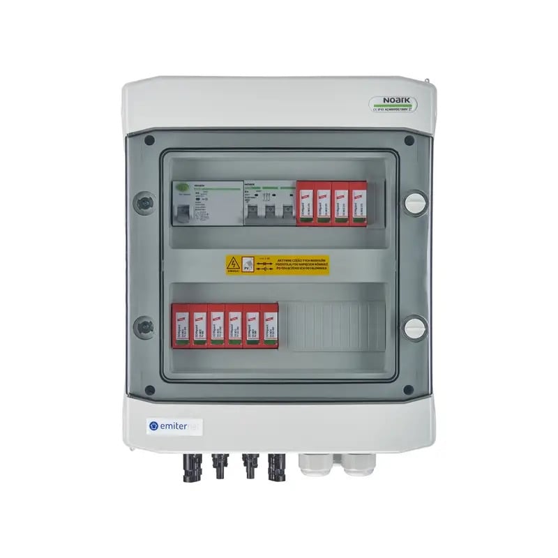 EMITER EM-528_DCAC Tableau de distribution DCAC, IP65, SPD DC Dehn 1000V type 2, 2 x chaîne PV, 2 x MPPT, SPD AC Dehn type 2, 16A 3-F, RCD type A 40A/300mA
