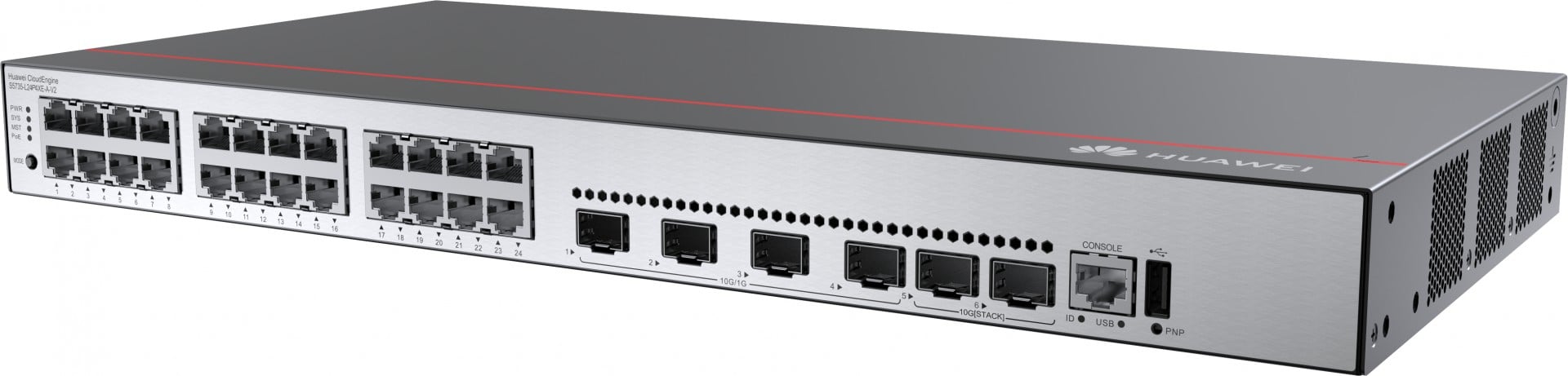 HUAWEI S5735-L24P4XE-A-V2 24x10/100/1000BASE-T Ports 4x10GE SFP+ ports 2x12GE Stack Ports PoE+ AC Power