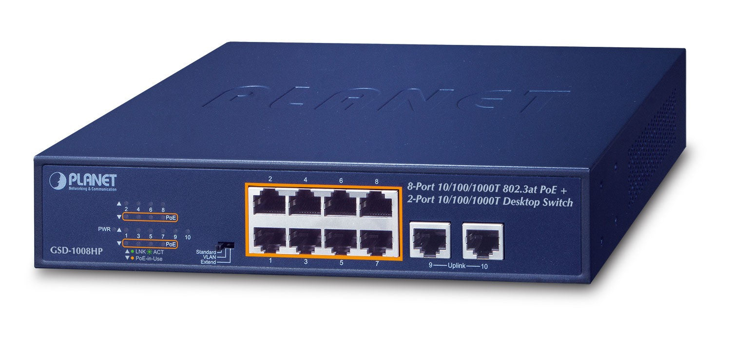 PLANET GSD-1008HP commutateur réseau Non-géré Gigabit Ethernet (10/100/1000) Connexion Ethernet, supportant l'alimentation via ce port (PoE) 1U Bleu