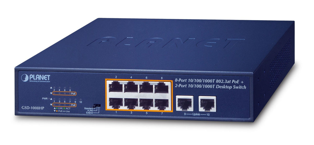 PLANET GSD-1008HP commutateur réseau Non-géré Gigabit Ethernet (10/100/1000) Connexion Ethernet, supportant l'alimentation via ce port (PoE) 1U Bleu