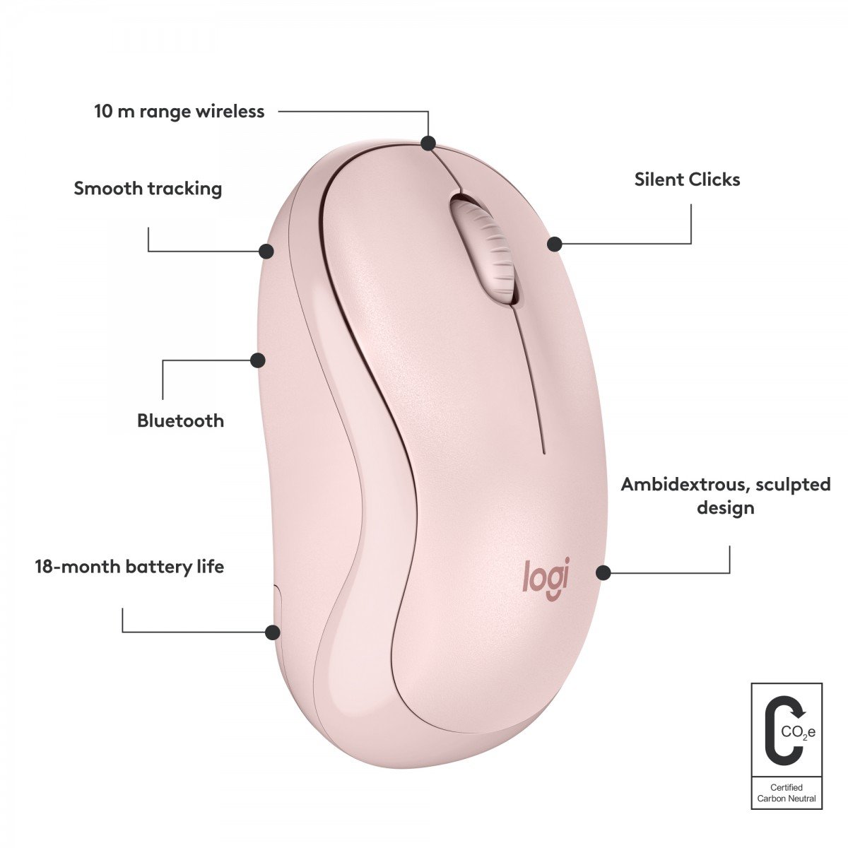 LOGITECH M240 Silent Mouse right and left-handed optical 3 buttons wireless Bluetooth rose
