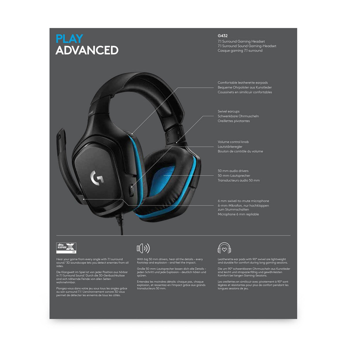 LOGITECH Gaming Headset G432 Headset 7.1 channel full size wired USB 3.5 mm jack black