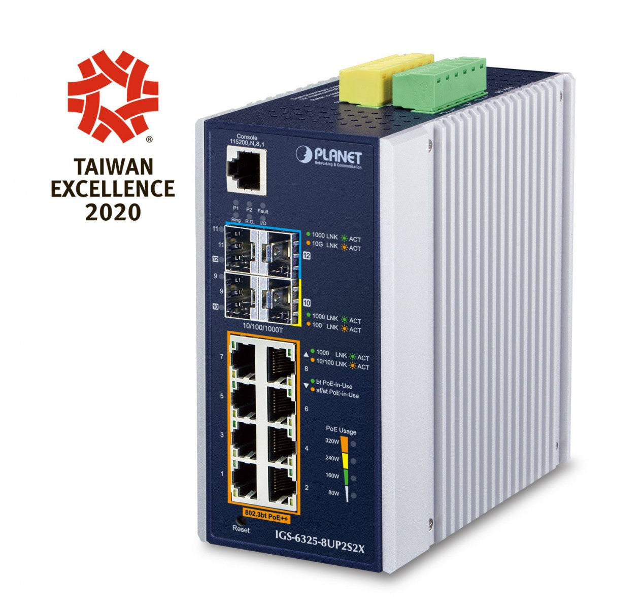 PLANET IP30 DIN-rail Industrial L3 8P Géré Gigabit Ethernet (10/100/1000) Aluminium, Bleu