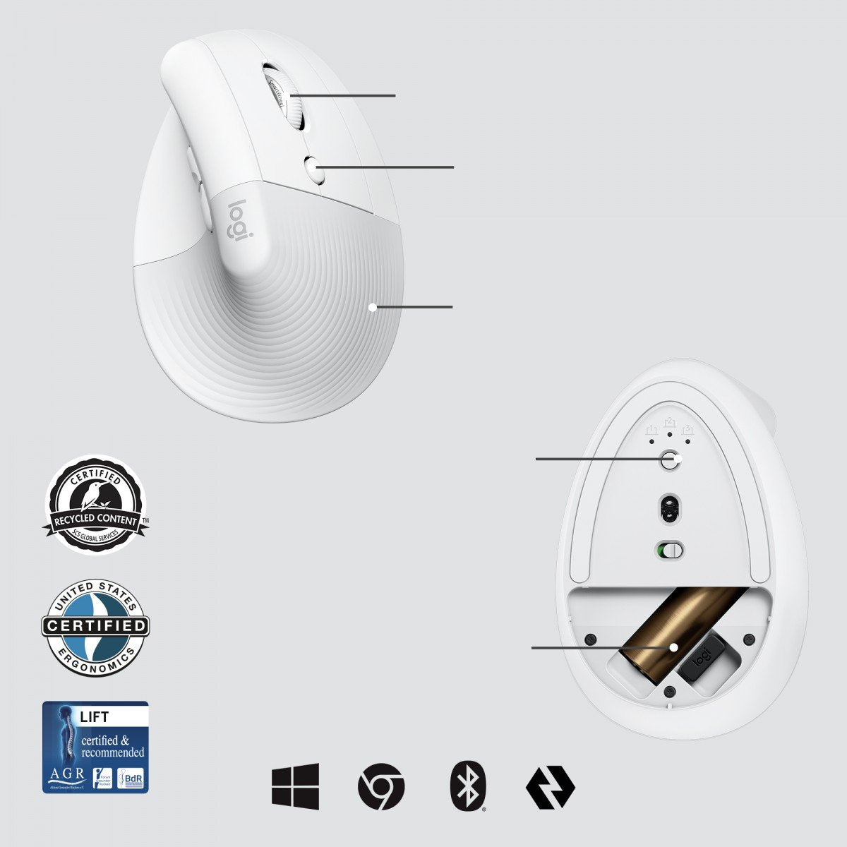 LOGITECH Lift for Business Vertical mouse ergonomic 6 buttons wireless Bluetooth 2.4 GHz Bolt USB receiver off-white
