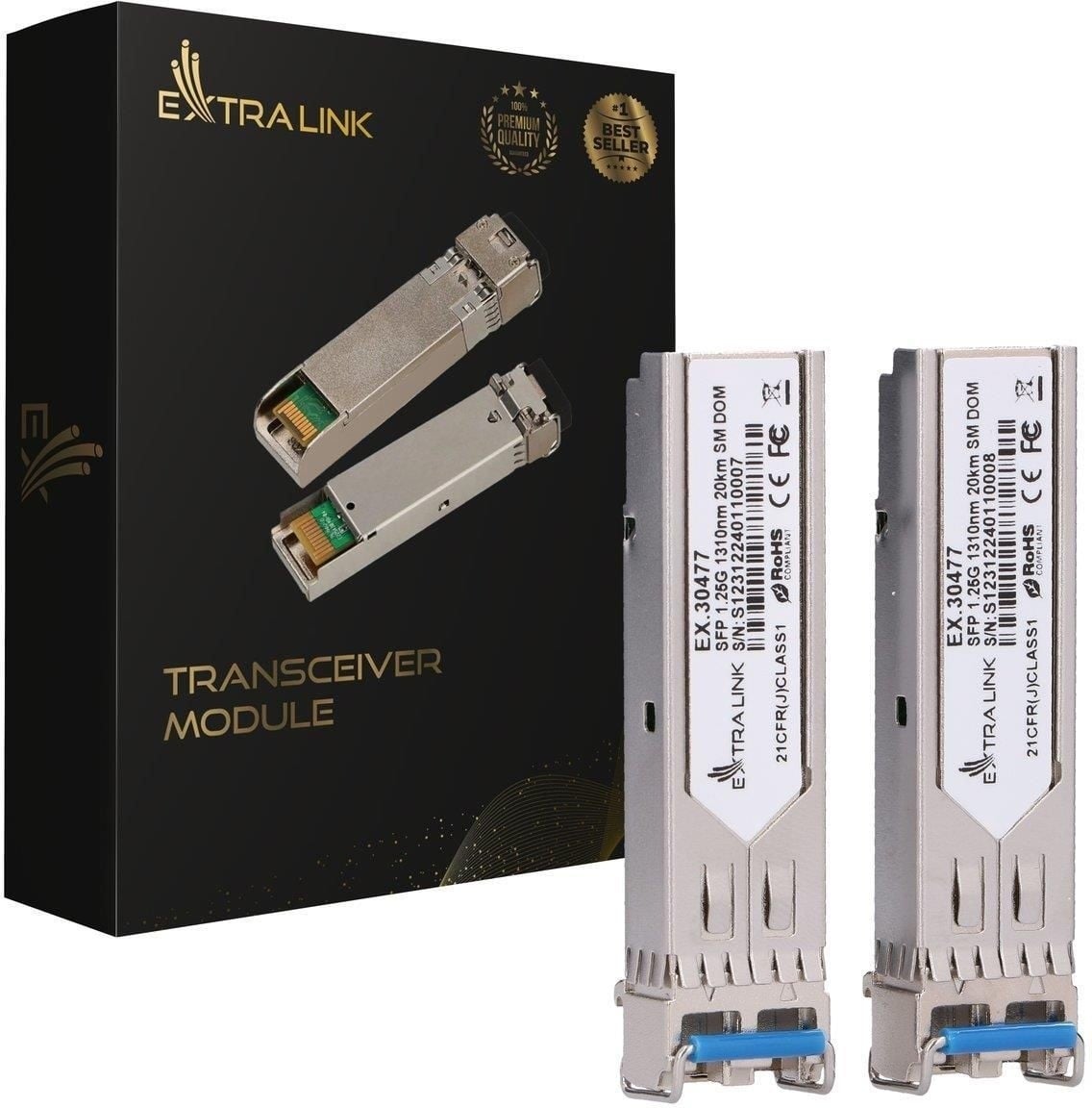 Extralink SFP 1.25G 2-Pack | Module SFP | 1,25Gbps, LC/UPC, 1310nm, 20km, mode unique, DOM (Dédié a HP/Aruba)