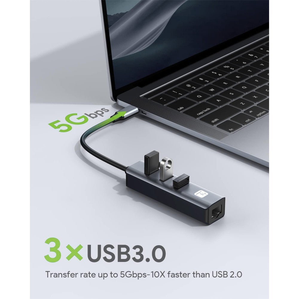 Techly IDATA USB-ETGIGA3AA Carte réseau/Adaptateur USB 3.0 vers RJ45 Gigabit, hub 3x USB-A