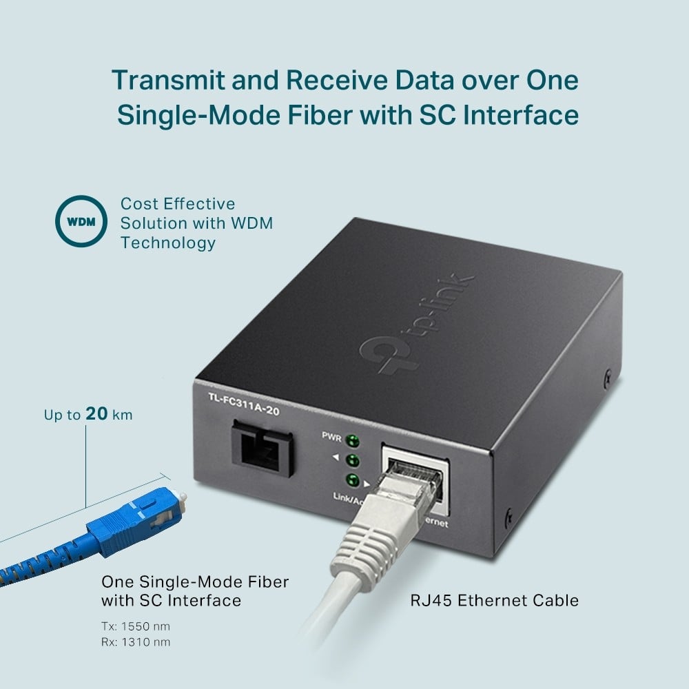 TP-LINK Omada 10/100/1000 Mbps RJ45 to 1000 Mbps Single-mode SC WDM Bi-Directional Fiber Converter