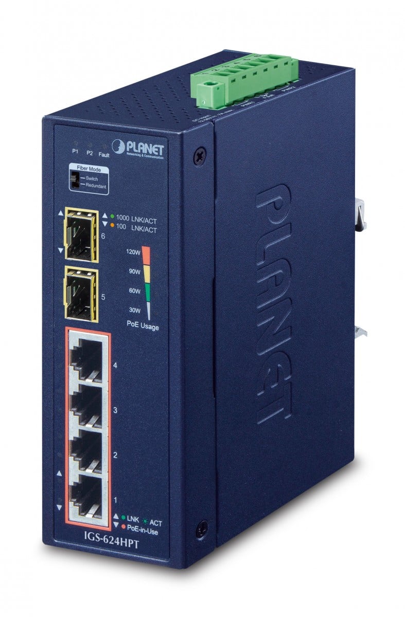 PLANET IGS-624HPT commutateur réseau Non-géré Gigabit Ethernet (10/100/1000) Connexion Ethernet, supportant l'alimentation via ce port (PoE) Bleu