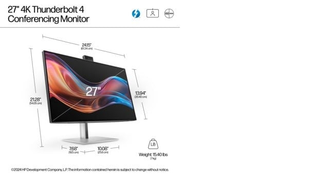 HP Écran pour conférence 4K Series 7 Pro 727pm avec webcam IA 5 Mpx HDR 27p 4K UHD 3840x2160 HDMI DisplayPort Thunder 3/3/0