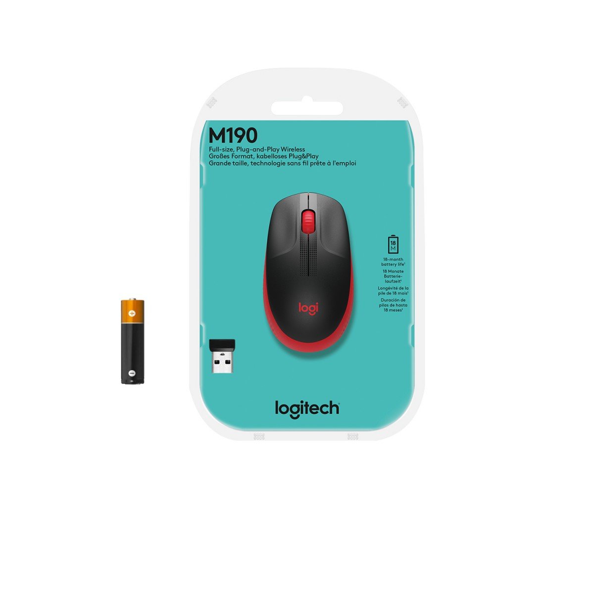 LOGITECH M190 Mouse optical 3 buttons wireless USB wireless receiver red