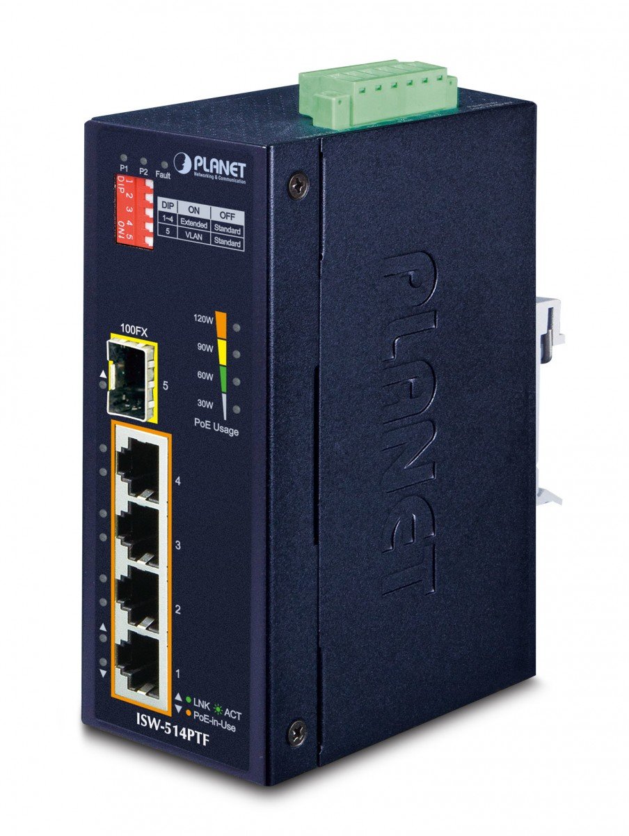 PLANET ISW-514PTF commutateur réseau Non-géré Fast Ethernet (10/100) Connexion Ethernet, supportant l'alimentation via ce port (PoE) Bleu