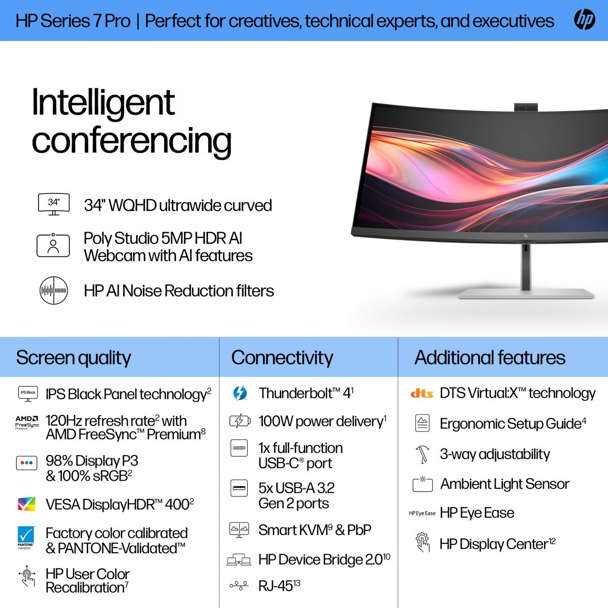 "HP Series 7 Pro 34 inch WQHD Conferencing Monitor - 734pm écran plat de PC 86,4 cm (34"") 3440 x 1440 pixels Wide Quad HD LCD Noir, Argent"