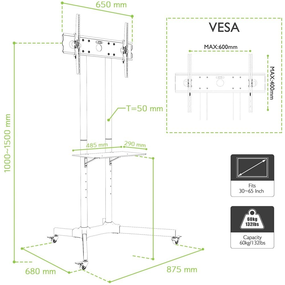 "Techly ICA-TR6 Support TV mobile 30-65"" jusqu'a 60kg étagere AV réglable"