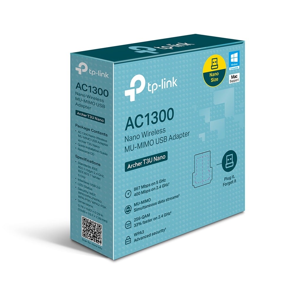TP-LINK AC1300 Mini Dual Band Wi-Fi USB Adapter 867Mbps at 5GHz + 400Mbps at 2.4GHz USB 3.0 MU-MIMO