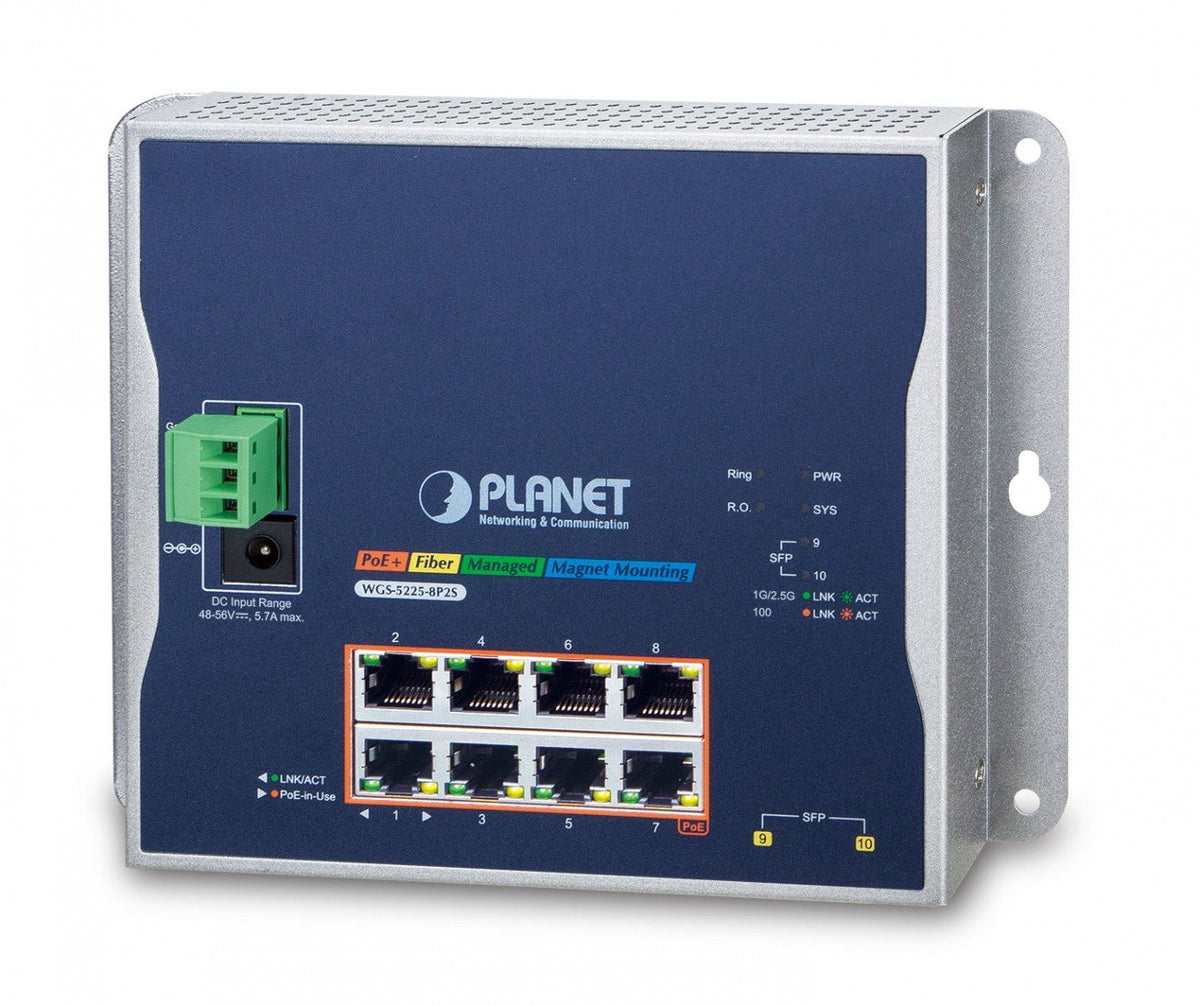 PLANET WGS-5225-8P2S commutateur réseau Géré L2+/L4 Gigabit Ethernet (10/100/1000) Connexion Ethernet, supportant l'alimentation via ce port (PoE) Noir