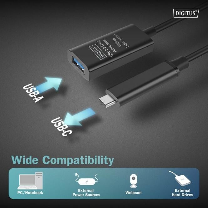 Câble d'extension actif, USB 3.2 Gen2, 10Gbps, USB-C - USB-A, 5m