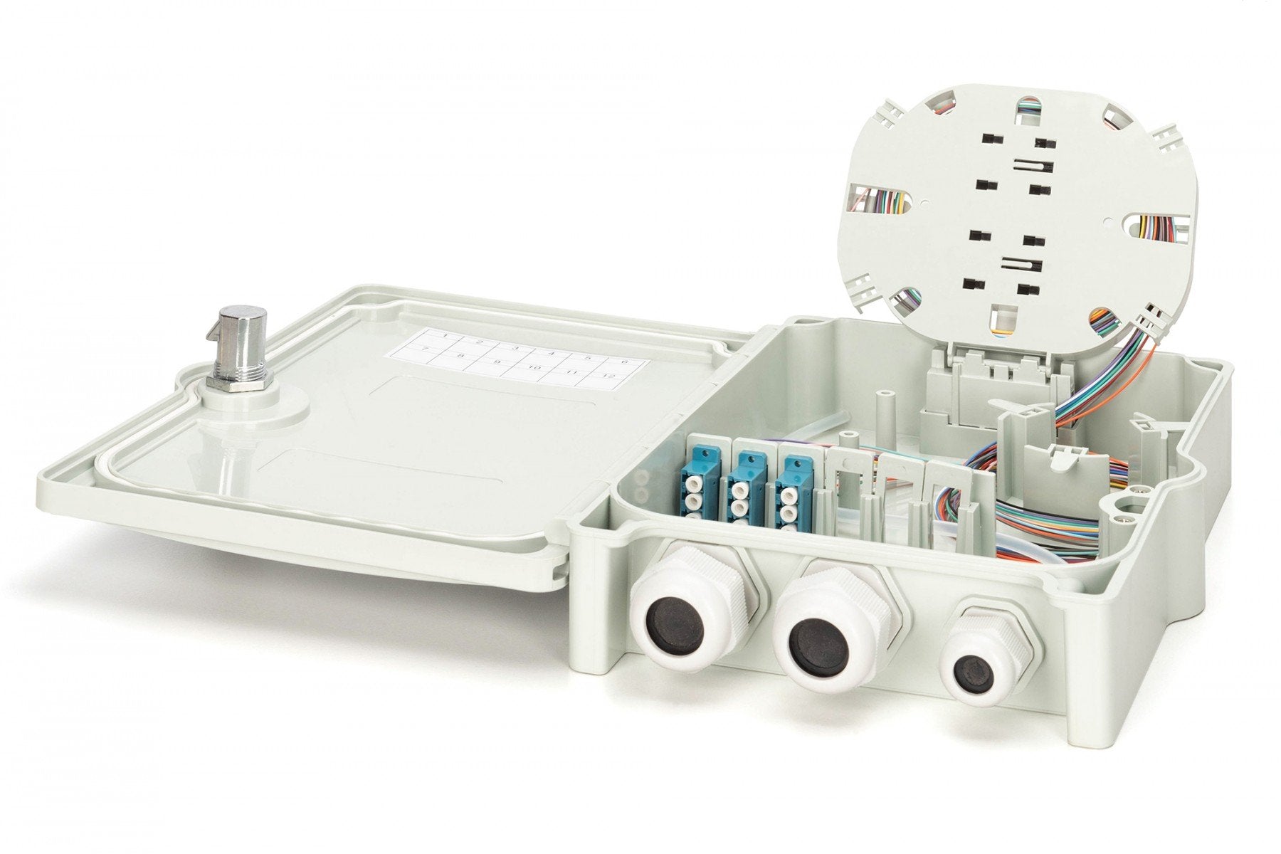 Boîte de distribution FTTH externe, 12 épissures, 12x (LC/PC), cassette d'épissure, 260x190x60 mm, IP65