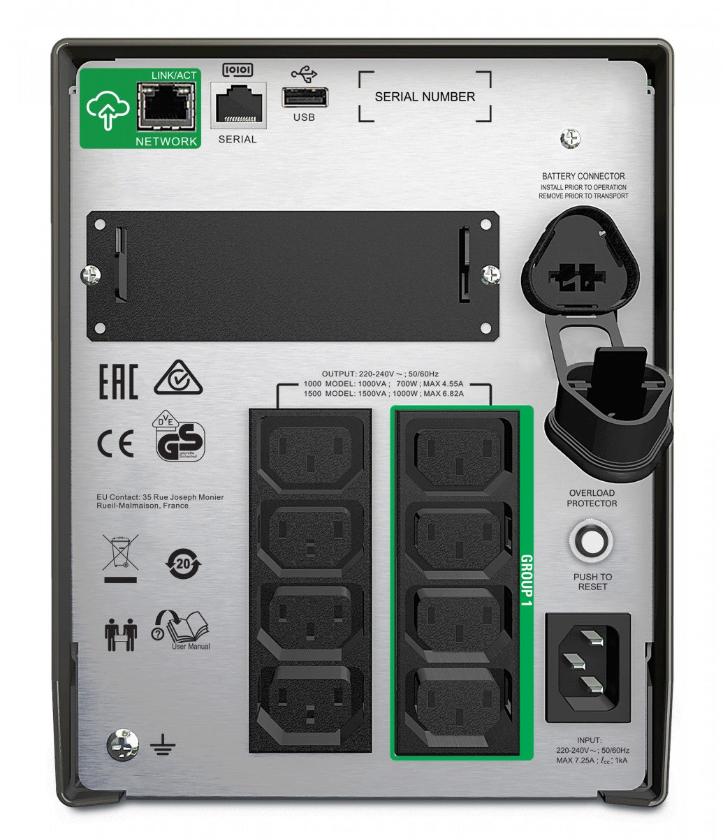 APC Smart-UPS SMT1500IC UPS AC 220/230/240V 1000Watt 1500VA RS-232 USB output connectors 8 Black with APC SmartConnect