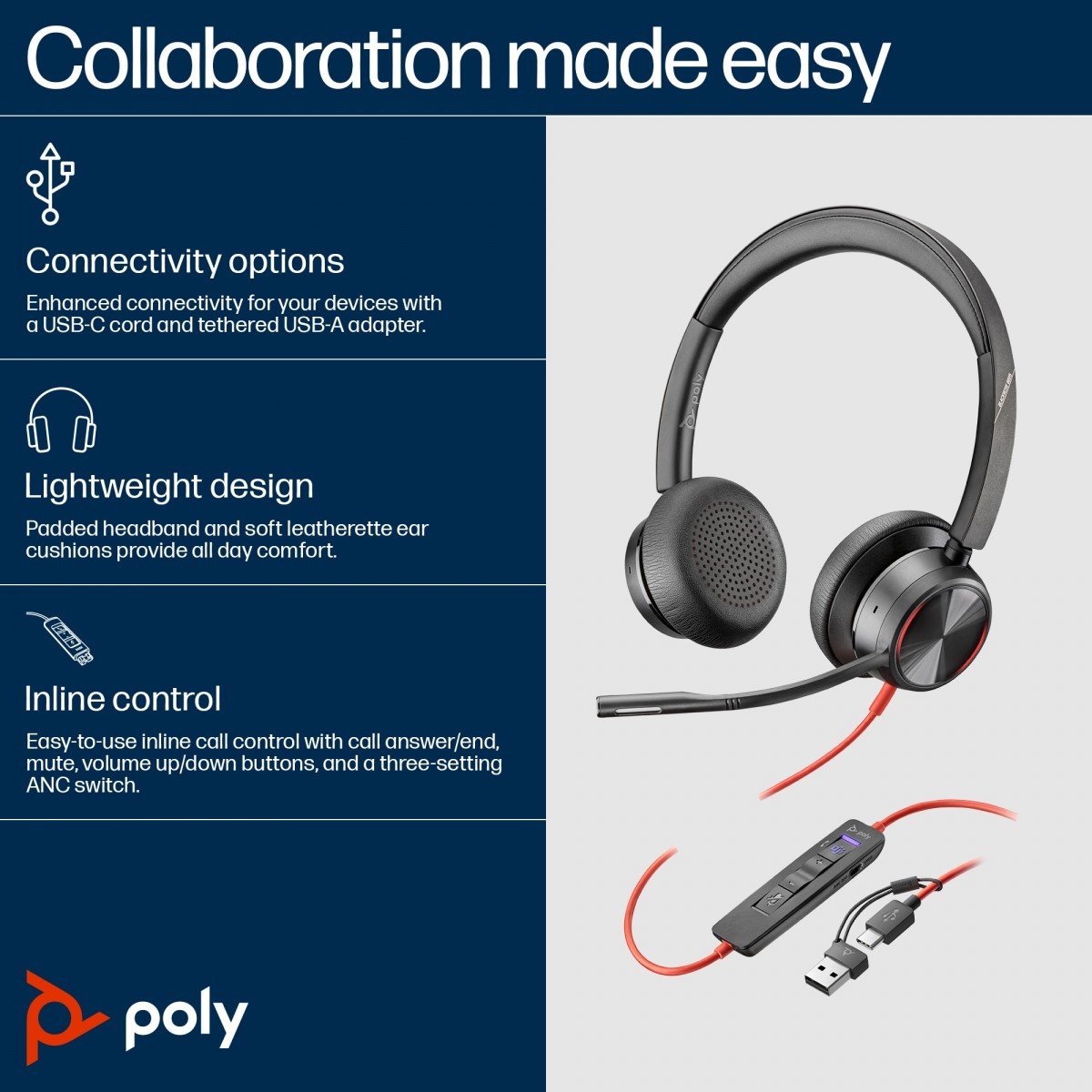 Poly BW 8225 Stereo -M USB-C HS+USB-C/A