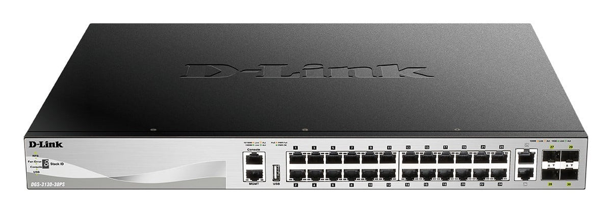 D-LINK L3 Light Switch 24 Gigabit PoE/PoE+ ports & 2 10GBASE-T Ports & 4 10GbE SFP+ ports 370 W PoE Budget 740W with DPS-700
