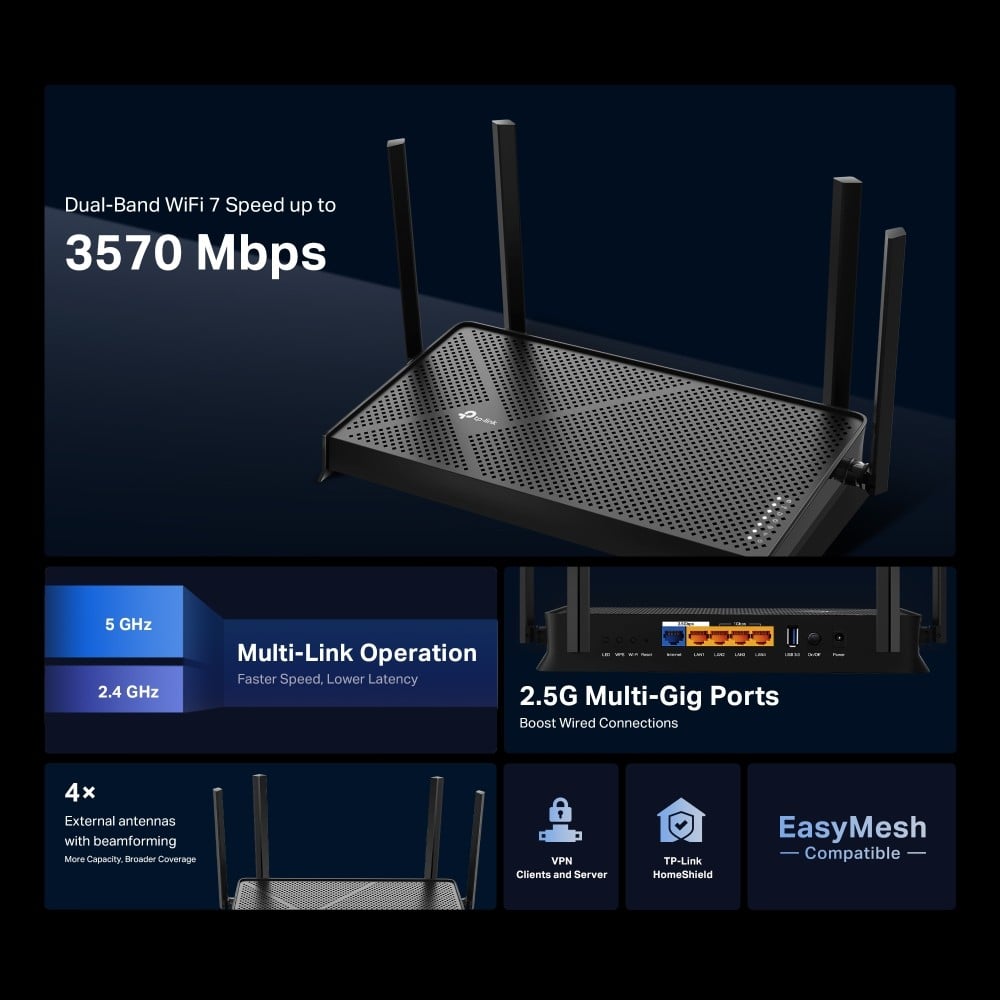 TP-LINK Archer BE230 BE3600 Dual-Band Wi-Fi 7 Router 688 Mbps at 2.4GHz + 2882Mbps at 5GHz 4x Antennas