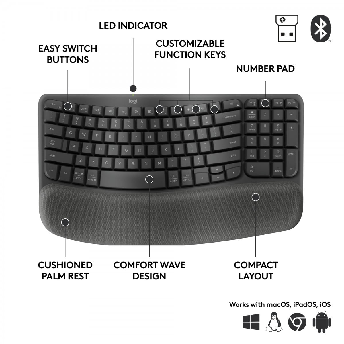 Logitech 920-012334 Wave Keys Clavier sans fil pour entreprises Graphite