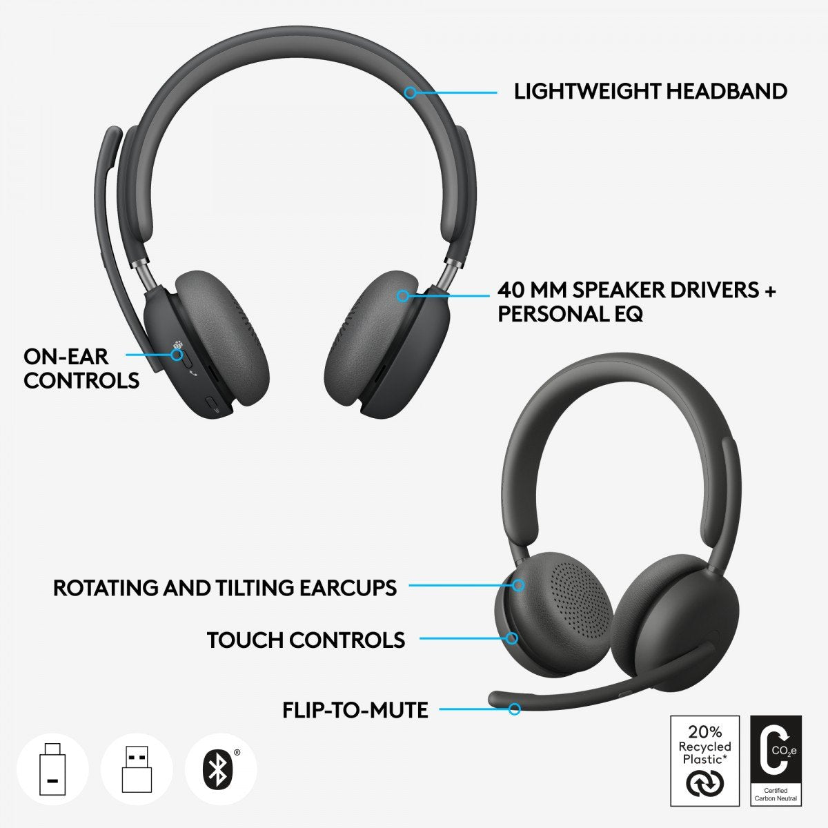 LOGITECH HEADSET - Zone Wireless 2 UC - GRAPHITE TEAMS - 2.4GHZ/BT - EMEA-914 - A00174 A00172 NO STAND