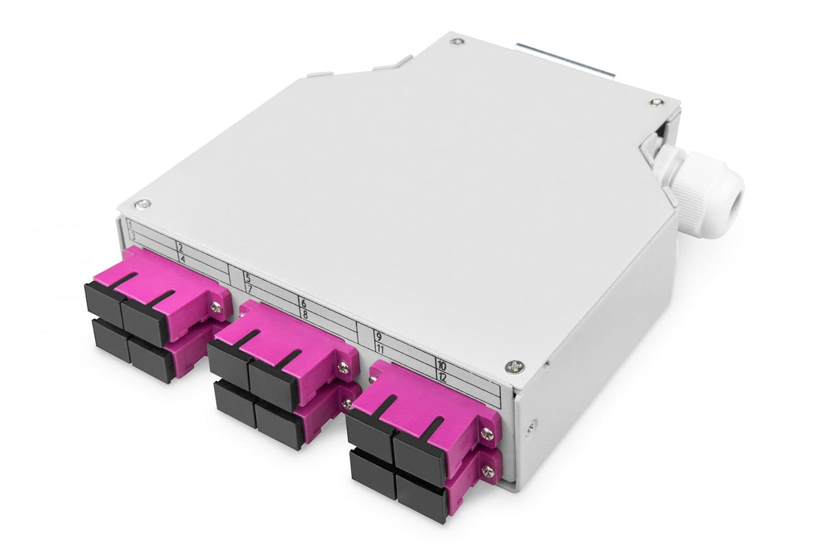 Boîte de raccordement sur rail DIN, 6x SC Duplex, Multimode, OM4, avec pigtails et connecteurs