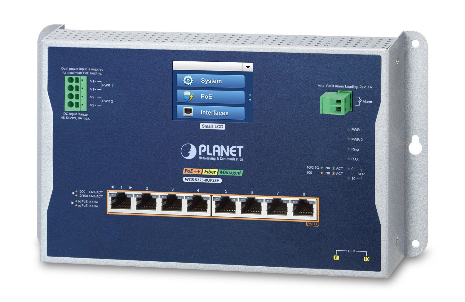 PLANET IP30, IPv6/IPv4, L2+ 8-Port Géré L2/L2+ Connexion Ethernet, supportant l'alimentation via ce port (PoE) Noir, Gris