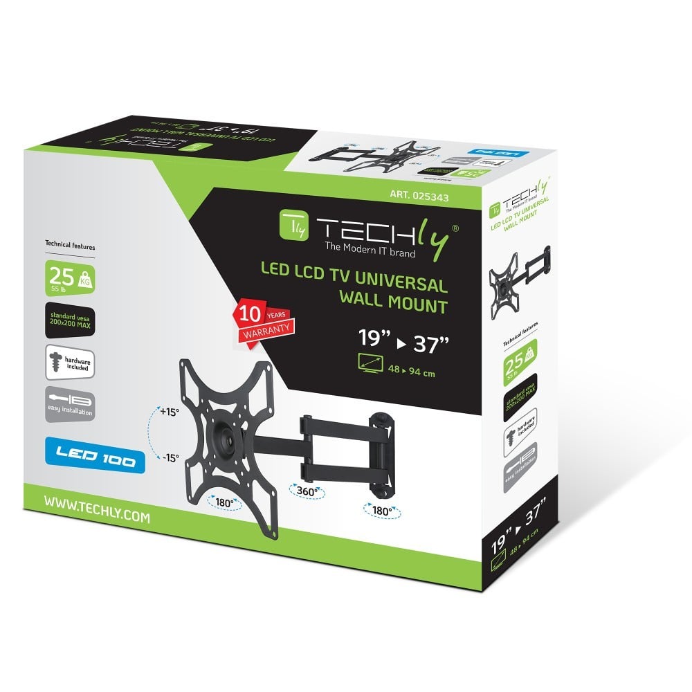 "Techly ICA-LCD 2923B Support mural pour TV 19-37"" LED/LCD 25kg pivotant inclinable"