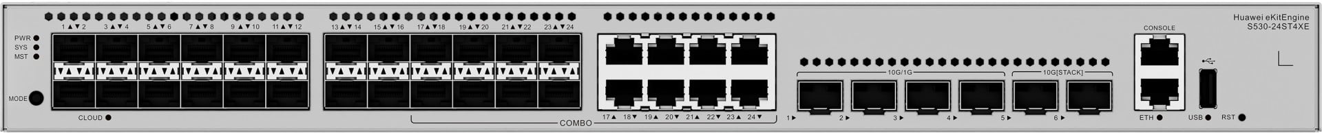 HUAWEI S530-24ST4XE 24xGE SFP ports 8 of which are dual-purpose 10/100/1000 or SFP 4x10GE SFP+ ports 2x12GE stack ports 1xAC eKit