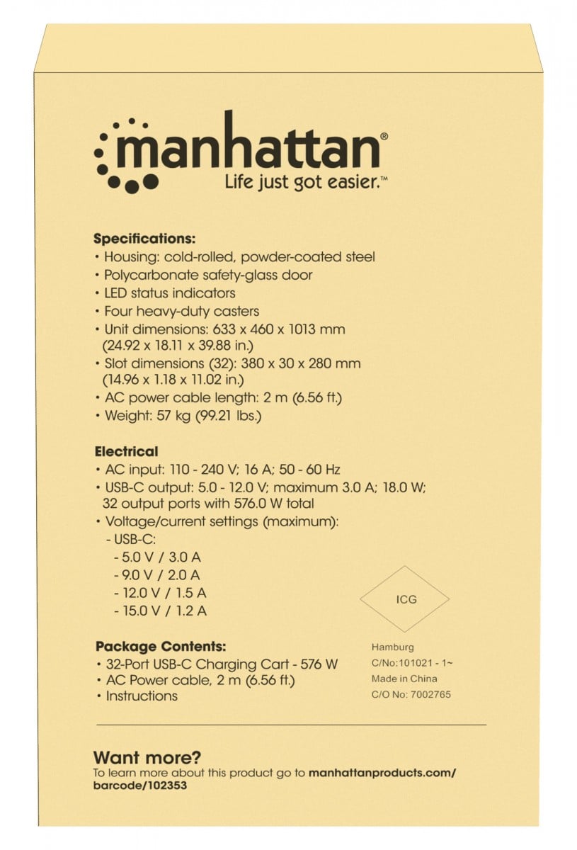 Manhattan 102353 Armoire de chargement USB-C 32 ports 576W