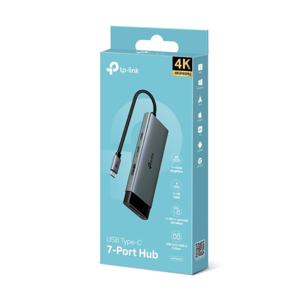 TP-LINK USB Type-C 7-Port Hub 1x USB-C Connector 1x HDMI 4K 60Hz Port 1x USB-C PD 100W Port 1x SD + 1x microSD TF up to 200MBps Port