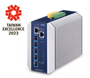 PLANET Industrial Layer 3 5-Port Géré L3 10G Ethernet (100/1000/10000) Aluminium, Bleu