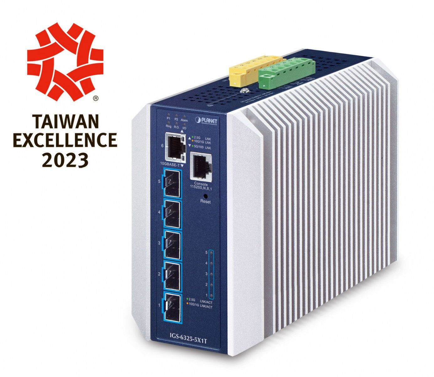 PLANET Industrial Layer 3 5-Port Géré L3 10G Ethernet (100/1000/10000) Aluminium, Bleu