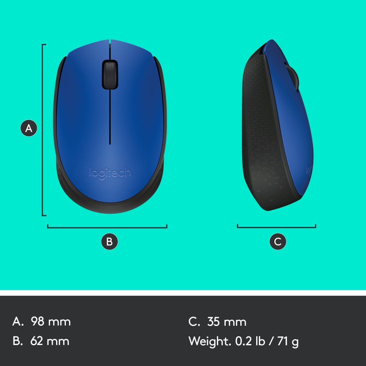 LOGITECH M171 Mouse right and left-handed wireless 2.4 GHz USB wireless receiver black blue