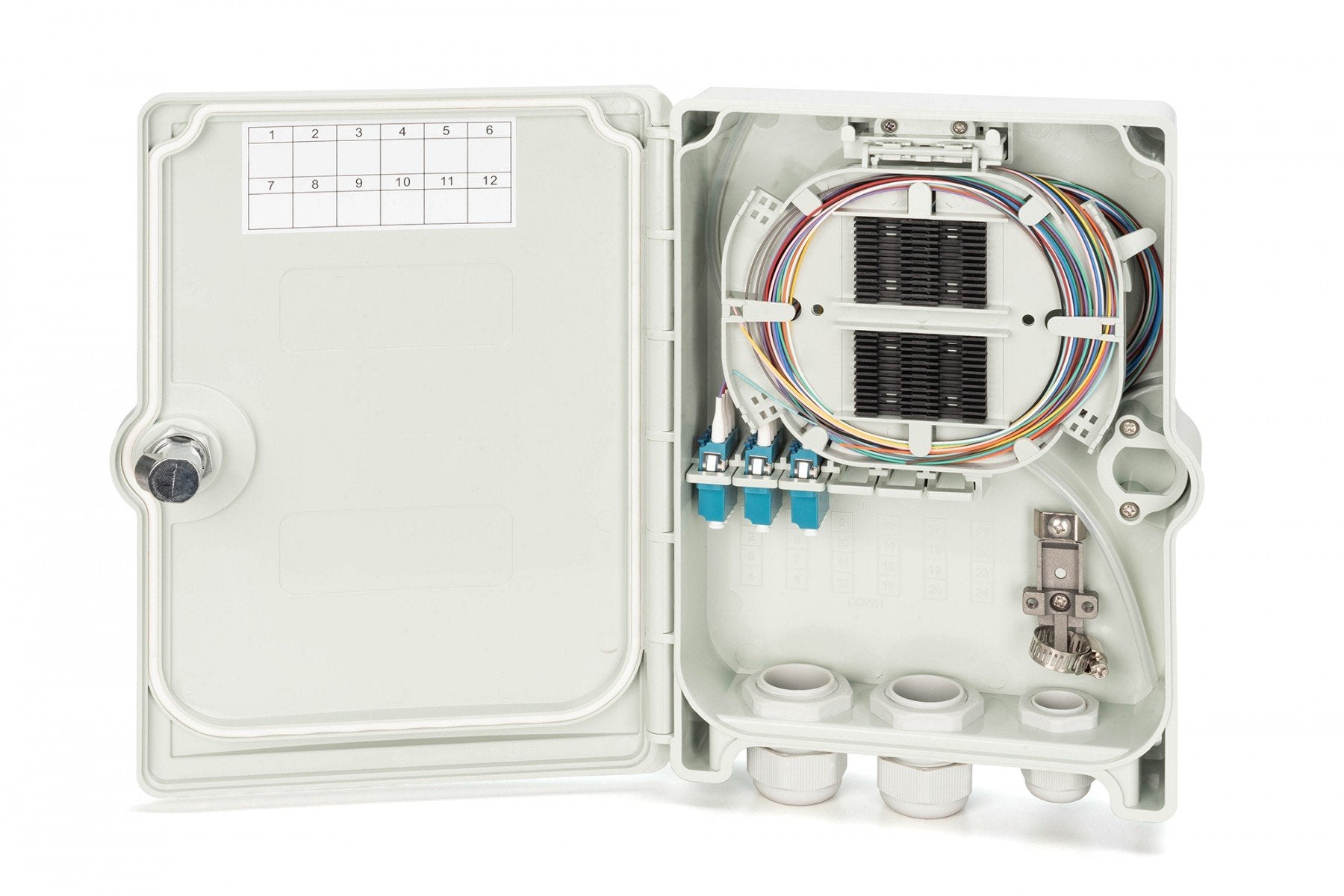 Boîte de distribution FTTH externe, 12 épissures, 12x (LC/PC), cassette d'épissure, 260x190x60 mm, IP65