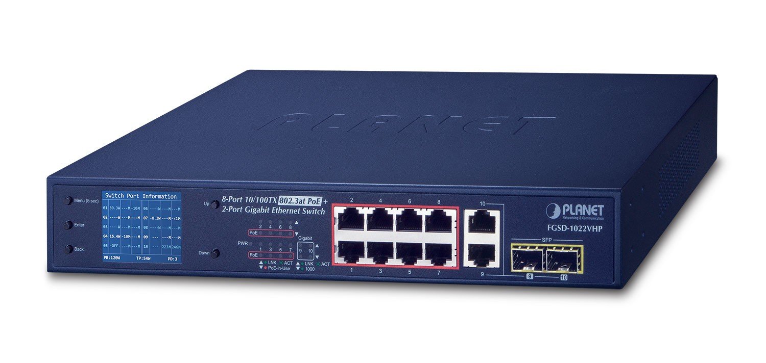 PLANET FGSD-1022VHP commutateur réseau Non-géré L2 Fast Ethernet (10/100) Connexion Ethernet, supportant l'alimentation via ce port (PoE) 1U Bleu