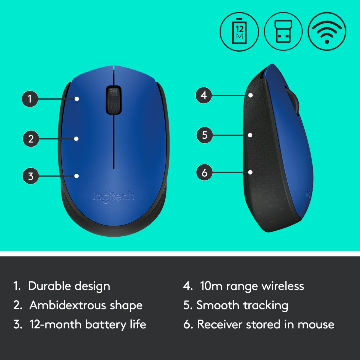 LOGITECH M171 Mouse right and left-handed wireless 2.4 GHz USB wireless receiver black blue