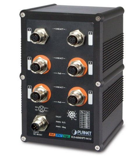 PLANET IGS-604HPT-M12 commutateur réseau Géré L2+ Connexion Ethernet, supportant l'alimentation via ce port (PoE) Noir