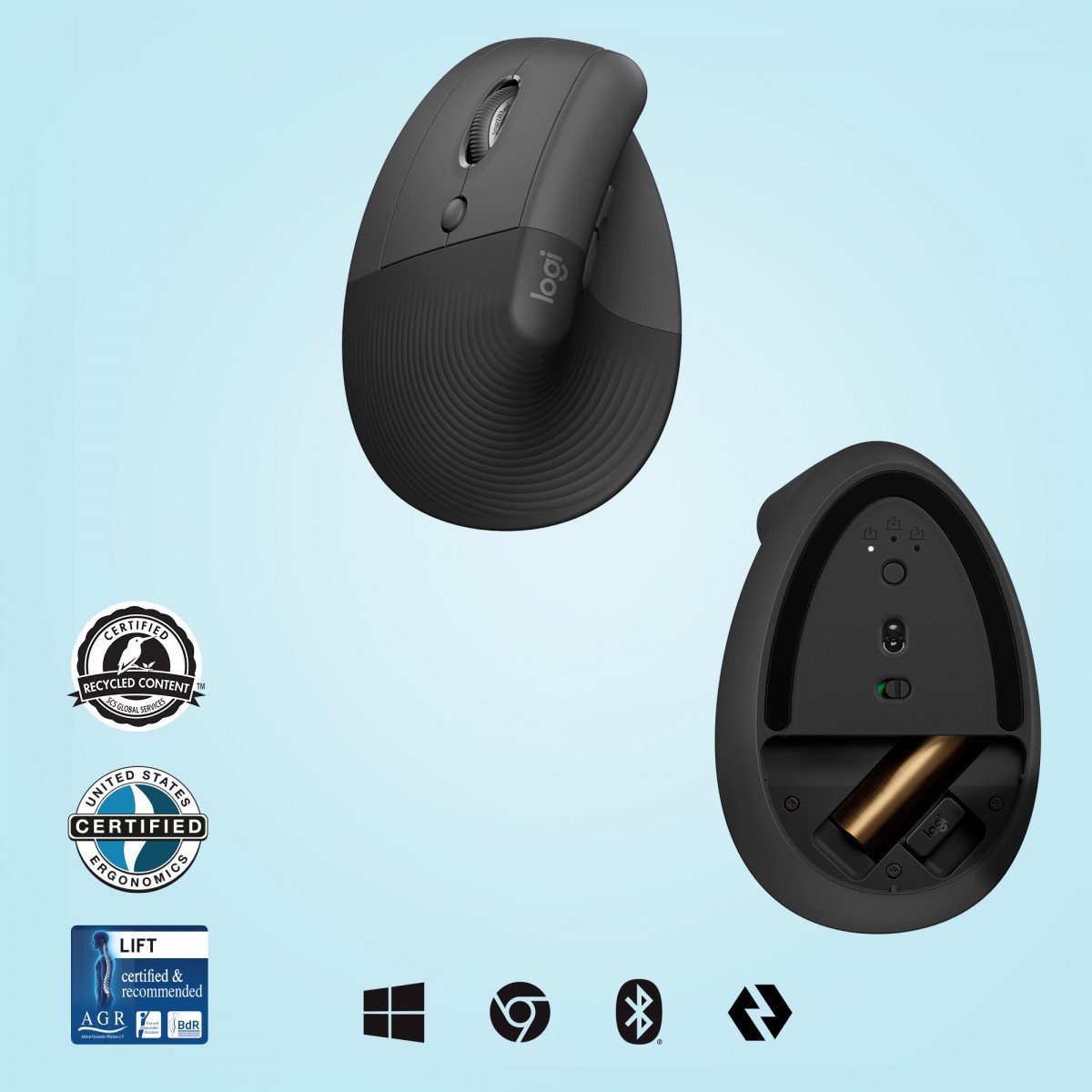 LOGITECH Lift Vertical Ergonomic Mouse Vertical mouse ergonomic left-handed optical 6 buttons wireless Bluetooth 2.4 GHz